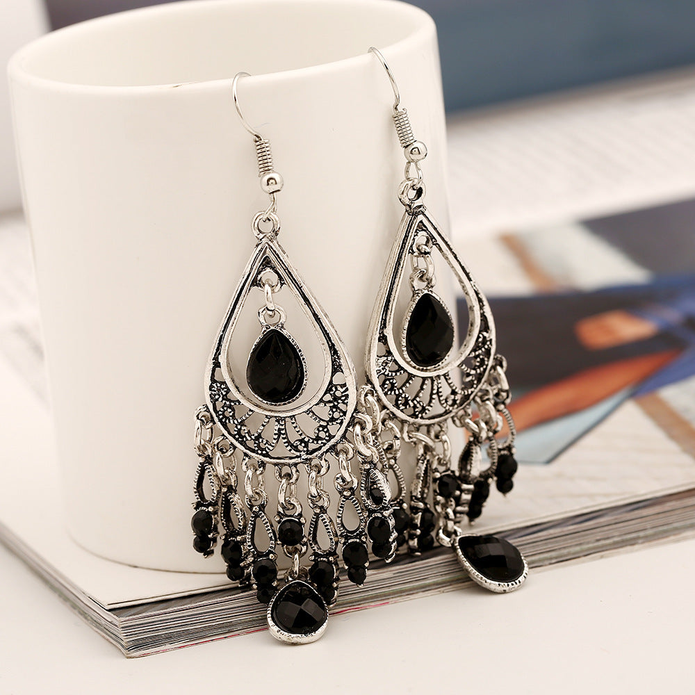 Wholesale Bohemian Alloy Diamond Hollow Water Drop Tassel Earrings